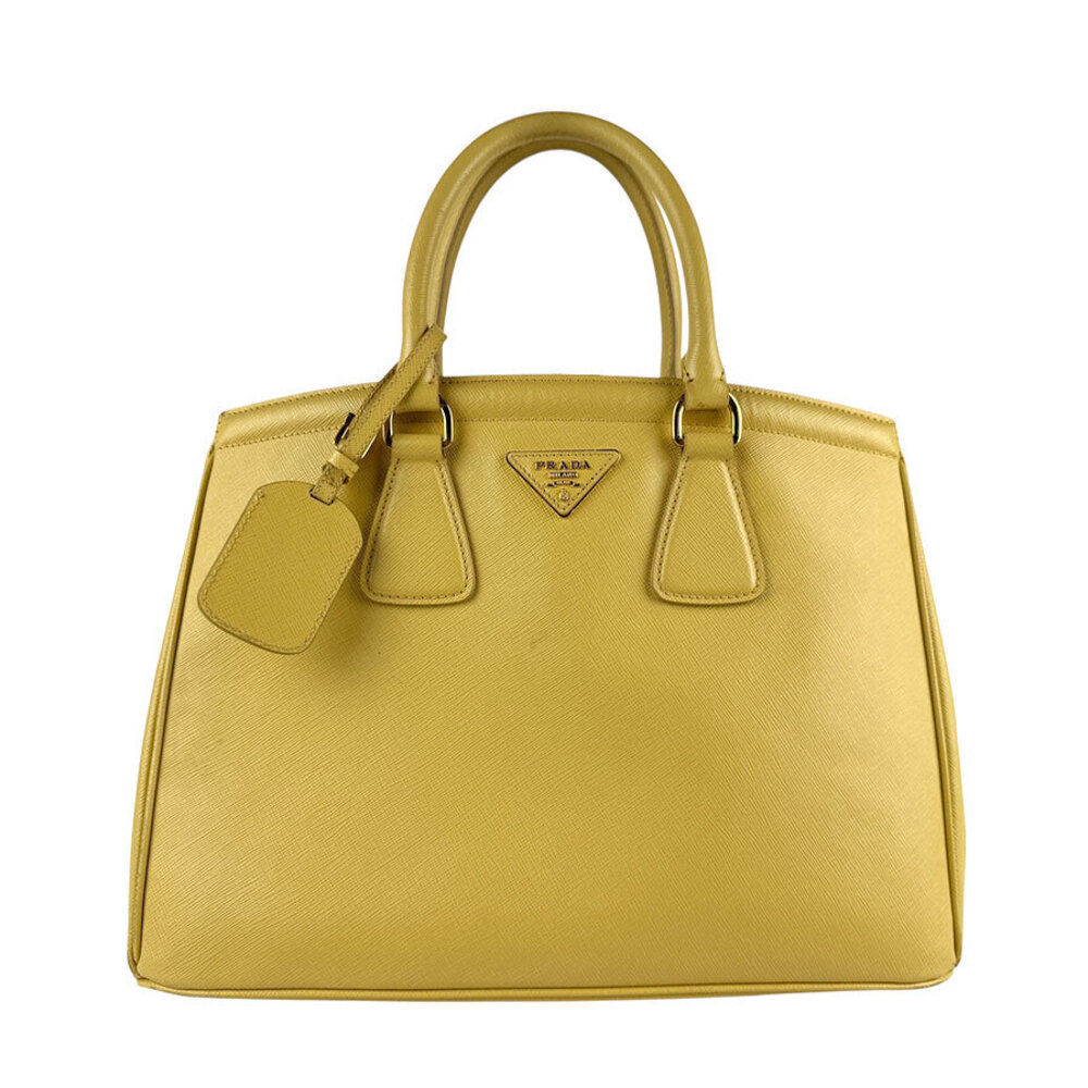 Prada Saffiano Leather Parabole handbag iconic triangular logo Yellow